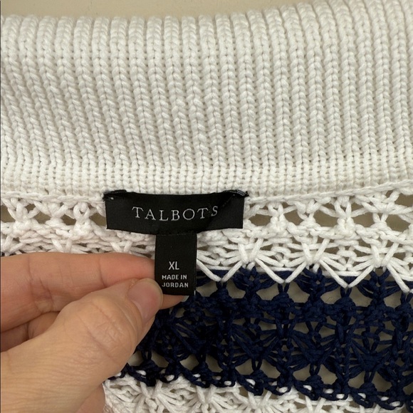 TALBOTS OPEN KNIT Striped Navy and White Women's Sweater with collar - Picture 3 of 14